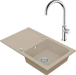 Drezový set Teorema 2/A - Granitový drez s odkvapkávacou plochou 780x480x165mm, piesková + Drezová batéria Teorema