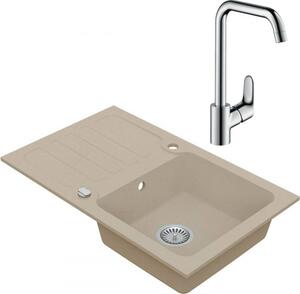 Drezový set Hansgrohe 2/A - Granitový drez s odkvapkávacou plochou 780x480 mm, piesková + Drezová batéria Hansgrohe Focus