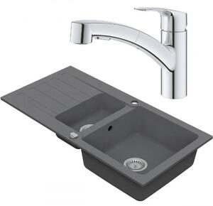 Drezový set Grohe 6/C - Granitový drez 960x480 mm 1,5-sektora s odkvapkávacou plochou, sivá + Drezová batéria Grohe Eurosmart