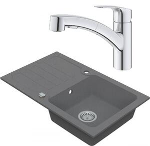Drezový set Grohe 5/C - Granitový drez s odkvapkávacou plochou 780x480 mm, sivá + Drezová batéria Grohe Eurosmart