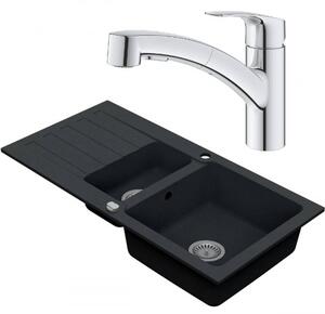 Drezový set Grohe 6/O - Granitový drez 960x480 mm 1,5-sektora s odkvapkávacou plochou, tmavý grafit matný + Drezová batéria Grohe Eurosmart