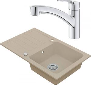 Drezový set Grohe 5/A - Granitový drez s odkvapkávacou plochou 780x480 mm, piesková + Drezová batéria Grohe Eurosmart