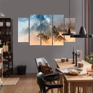 Obraz na plátně pětidílný Vlci Mlžný les Příroda - 100x70 cm