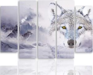 Obraz na plátně pětidílný Wolf Fog Forest Grey - 100x70 cm