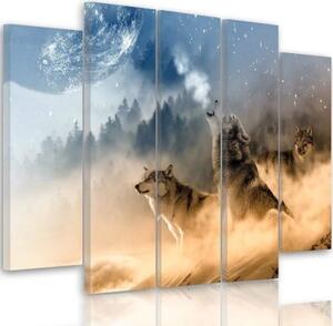 Obraz na plátně pětidílný Vlci Mlžný les Příroda - 150x100 cm