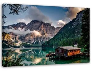 Obraz na plátně Chata u horského jezera v Dolomitech - 100x70 cm