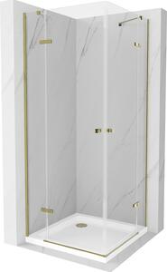 Mexen Roma Duo, sprchový kút 90 (dvere) x 90 (dvere) cm, 6mm číre sklo, zlatý profil + slim sprchová vanička 5cm biela + zlatý sifón, 854-090-090-50-02-4010G