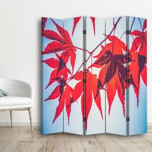 Ozdobný paraván Červené listy - 180x170 cm, päťdielny, klasický paraván