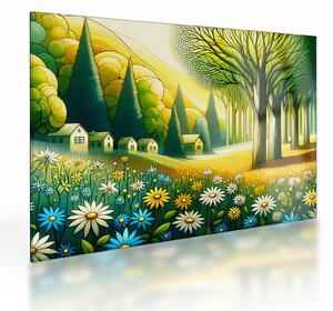Sklenený obraz - Dedina v žlto-zelenej (70x50 cm)