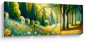 Obraz - Dedina v žlto-zelenej (s hodinami) (90x30 cm)