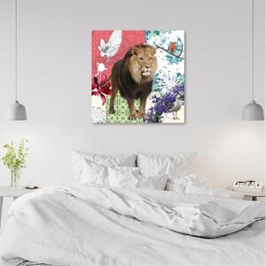 Obraz na plátně, Koláž lva a ptáků - 30x30 cm
