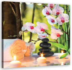 Obraz na plátně, Lázeňské svíčky a květy orchidejí - 40x40 cm