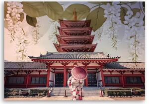 Obraz na plátně, Japonská gejha a chrám - 60x40 cm