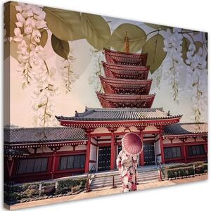 Obraz na plátně, Japonská gejha a chrám - 120x80 cm