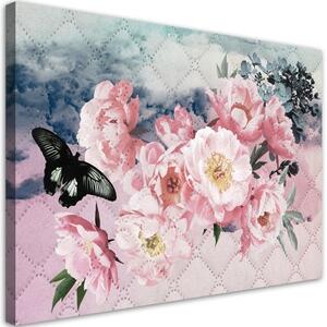 Obraz na plátně, Růžové květiny a černý motýl - 60x40 cm
