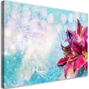 Obraz na plátně, Růžové květy na modrém pozadí - 60x40 cm