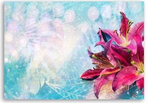 Obraz na plátně, Růžové květy na modrém pozadí - 120x80 cm