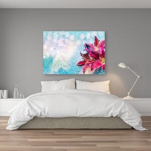 Obraz na plátně, Růžové květy na modrém pozadí - 120x80 cm
