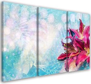 Obraz na plátně třídílný, Růžové květy na modrém pozadí - 60x40 cm