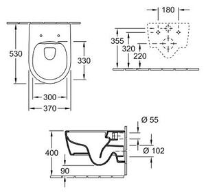 Villeroy Boch - Inštalačný systém ViConnect s WC tlačidlom a závesným WC 370x530 mm, SoftClose WC sedátko, DirectFlush