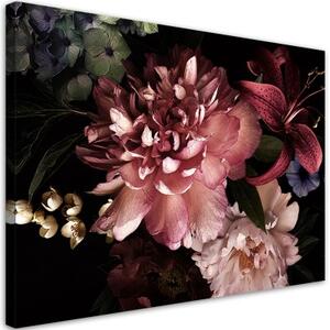 Obraz na plátně, Kytice květin na tmavém pozadí - 100x70 cm