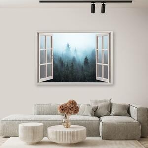 Obraz na plátně, Okno Zobrazit les v mlze přírody - 60x40 cm