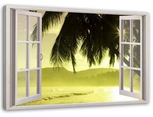 Obraz na plátně Pohled z okna na palmy při západu slunce - 100x70 cm