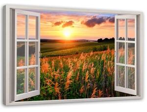 Obraz na plátně Výhled z okna na západ slunce květiny - 120x80 cm