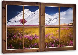Obraz na plátně Výhled z okna květiny příroda hora - 100x70 cm