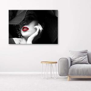 Obraz na plátně Žena v černém klobouku a s červenými rty - 60x40 cm