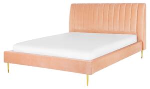Čalúnená posteľ broskyňová ružová zamatová čalúnená 160 x 200 cm s lamelovým roštom vysoké čelo elegantný dizajn spálňa