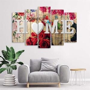 Obraz na plátně pětidílný Nápis Home s květy růží - 100x70 cm