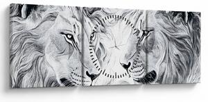 Obraz - Kreslené levie hlavy (s hodinami) (90x30 cm)