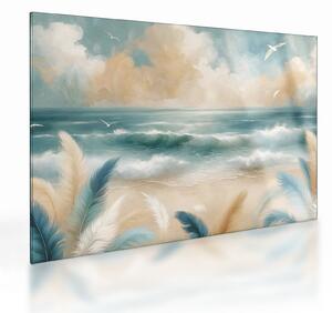 Sklenený obraz – Maľovaná pláž v jemných farbách (70x50 cm)