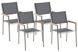 Sada 4 záhradných jedálenských stoličiek sivé textilné sedadlo strieborné nohy z nehrdzavejúcej ocele stohovateľné stoličky odolné