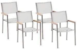 Sada 4 záhradných jedálenských stoličiek biele textilné sedadlo strieborné nohy z nehrdzavejúcej ocele stohovateľné stoličky odolné