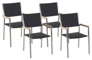 Sada 4 záhradných jedálenských stoličiek čierne ratanové sedadlo strieborné nohy z nehrdzavejúcej ocele stohovateľné stoličky odolné