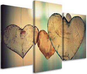 Obraz na plátně třídílný Srdce Wood Love Retro - 60x40 cm