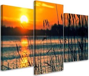 Obraz na plátně třídílný Západ slunce Jezero Tráva Příroda - 60x40 cm