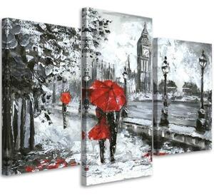 Obraz na plátně třídílný London Walking Červená černobílá - 60x40 cm