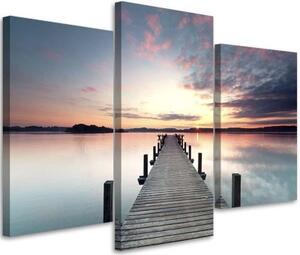 Obraz na plátně třídílný Molo u jezera při západu slunce - 120x80 cm