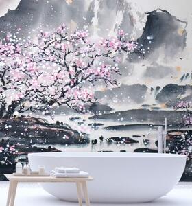 Fototapeta, Kvetoucí třešeň Japonsko Krajina - 150x150 cm