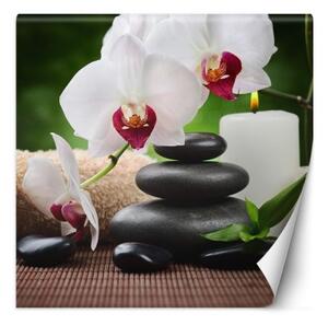 Fototapeta, Orchidejová svíčka a zenové kameny v lázních - 100x100 cm
