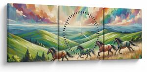 Obraz – Kone cválajúce krajinou (s hodinami) (90x30 cm)
