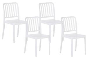 Sada 4 záhradných stoličiek biela plastová stohovateľné ľahké stoličky do interiéru a exteriéru odolné voči poveternostným vplyvom