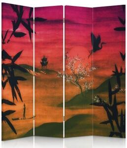 Ozdobný paraván Japonská krajina Červená - 145x170 cm, štvordielny, klasický paraván