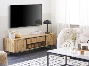 TV stolík svetlé drevo s čiernou skrinka s 2 policami industriálny dizajn