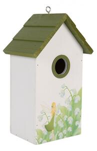 Zeleno-biela drevená vtáčia búdka s konvalinkami Birdhouse - 15*10*22 cm - Clayre & Eef