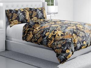 Biante Bavlnené posteľné obliečky Sandra SA-389 Sivozelené a zlaté tropické listy na čiernom Predĺžené 140x220 a 70x90 cm
