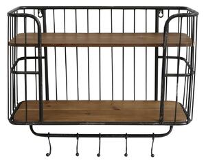 Čierna antik nástenná kovová polička s drevenými poličkami a háčikmi Old Shelf - 52*20*45cm - Chic Antique